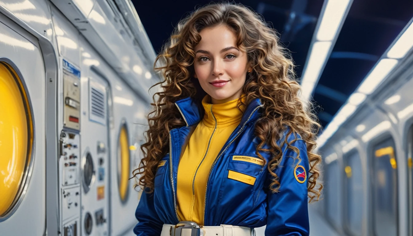 realistic acrylic art, vivid colors, lateral point of view, a beautiful european woman with long curly hair, looking at the viewer with suspicious face and a shy smile, she wears spacial blue jacket over glossy white jumpsuit, gloves, adjusting a sophisticated belt, dramatic yellow lights, background space station