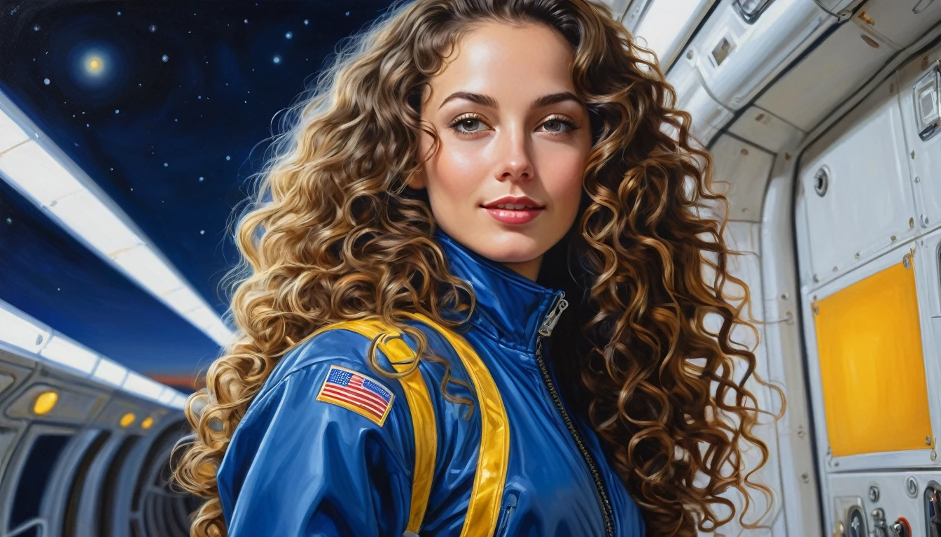 realistic acrylic art, vivid colors, lateral point of view, a beautiful european woman with long curly hair, looking at the viewer with suspicious face and a shy smile, she wears spacial blue jacket over glossy white jumpsuit, gloves, adjusting a sophisticated belt, dramatic yellow lights, background space station