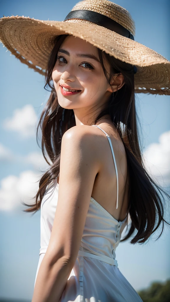 (8k, RAW photo, best quality, masterpiece:1.2), (realistic, photo-realistic:1.4), (extremely detailed 8k wallpaper), Japanese 20 age woman, she is wearing a white dress,The background is the sea,The wind blows my skirt up,she is smiling,ponytail,My skirt floats up in the wind and I can see my underwear.,I'm wearing a straw hat, but it looks like it's going to be blown away by the wind,The size of the straw hat is normal size.