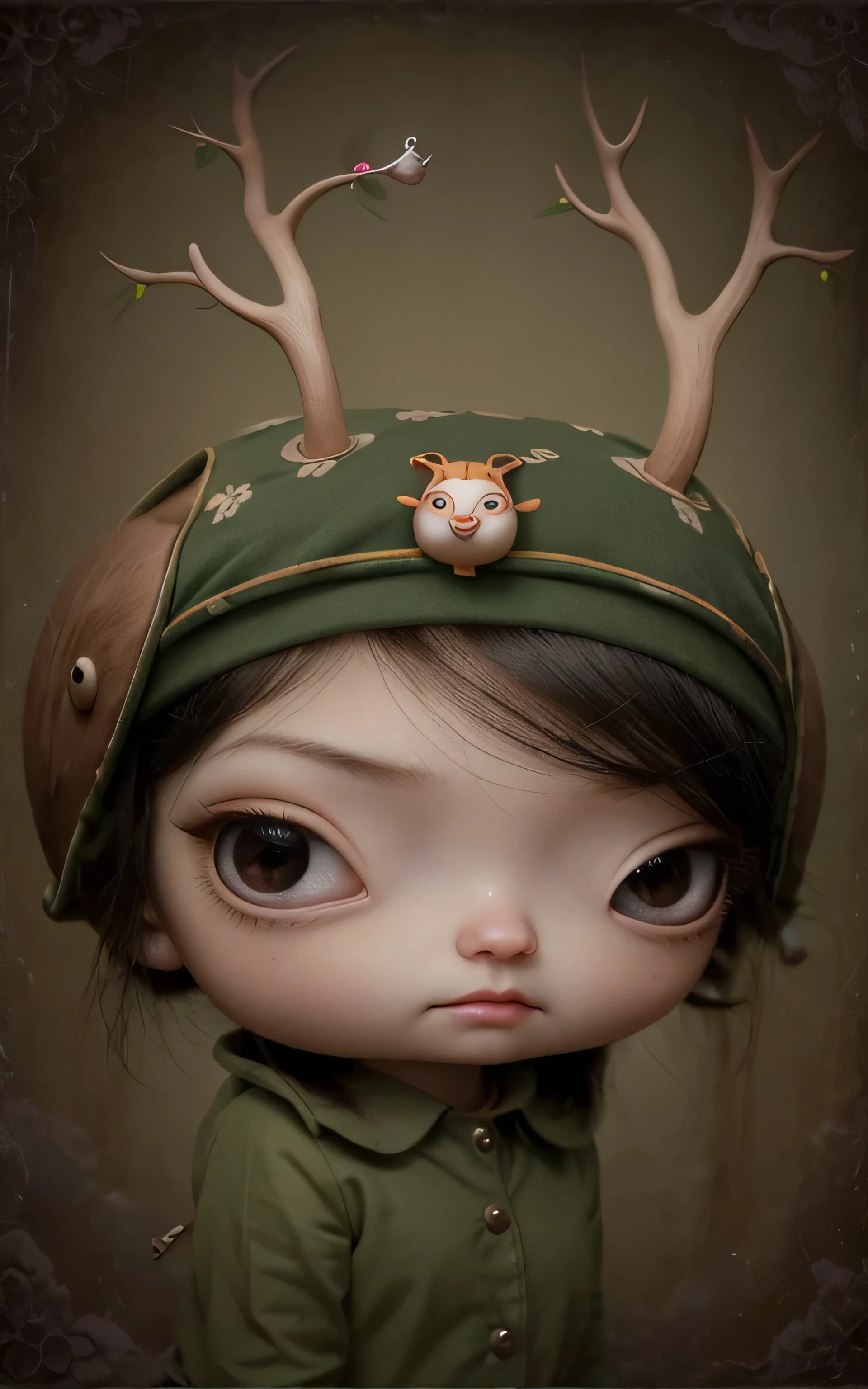 Painting of a girl with deer antlers on her head, Estilo Mark Ryden, Mark Ryden muy detallado, Estilo de Mark Ryden, Naoto Hattori, Surrealismo pop lowbrow, Mark Ryden en el estilo de, benjamin lacombe, Earley, Surrealismo pop Lowbrow Art Style, Arte lowbrow, por Mark Ryden, cute and beautiful, wearing cap, more details, amazing, colorful, with animals, with cute cat, with birds, holding a lollipop