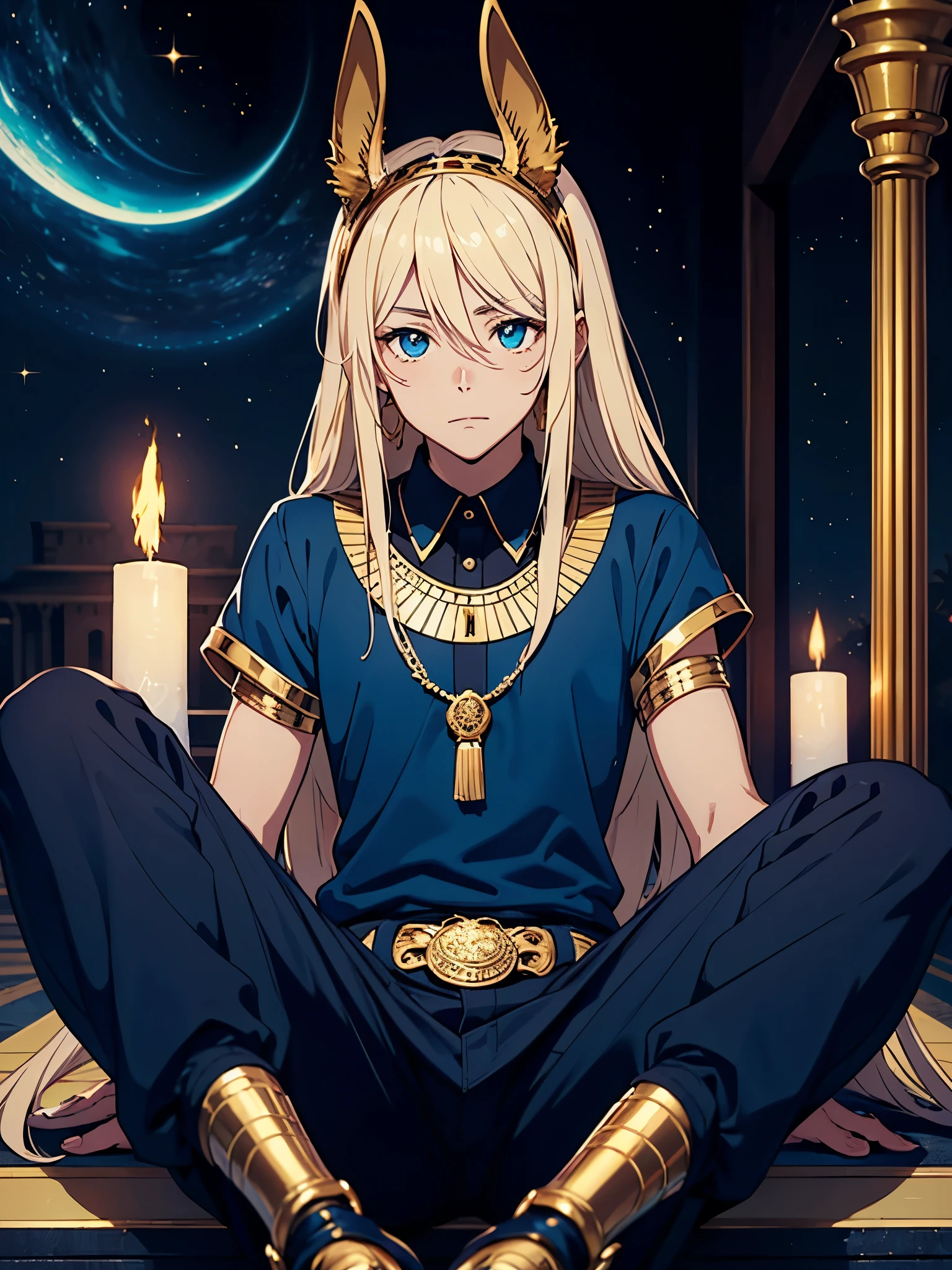 More anime style. cutie pie. アニメ! . Egyptian deity Anubis. Egyptian blue clothing. Blue clothes.  long blond hair. Lots of gold jewelry. dark skin. Egyptian. dazzling blue eyes. mystical. divine.