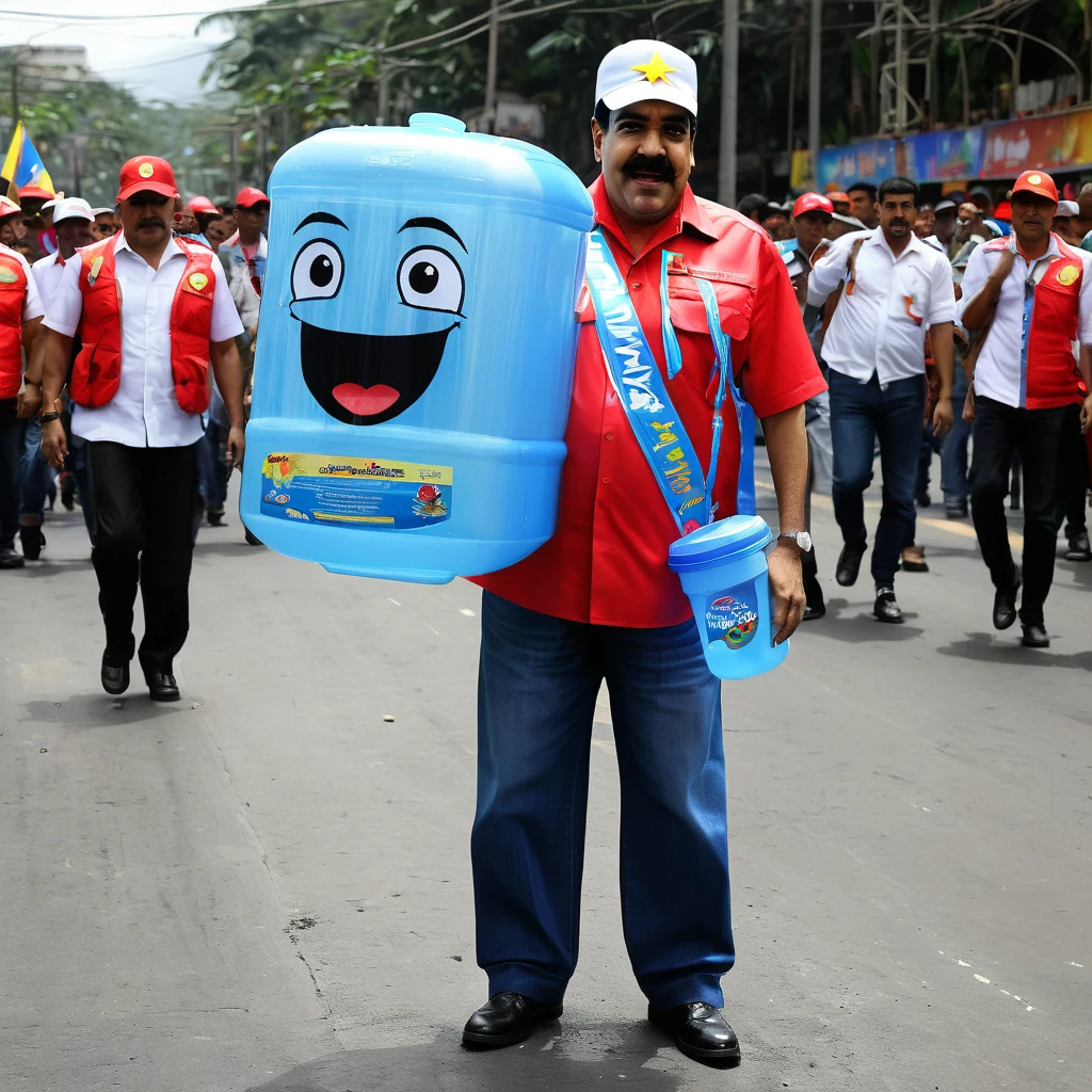 Nicolas Maduro wearing a poorly made water container mascot costume made of recycled materials