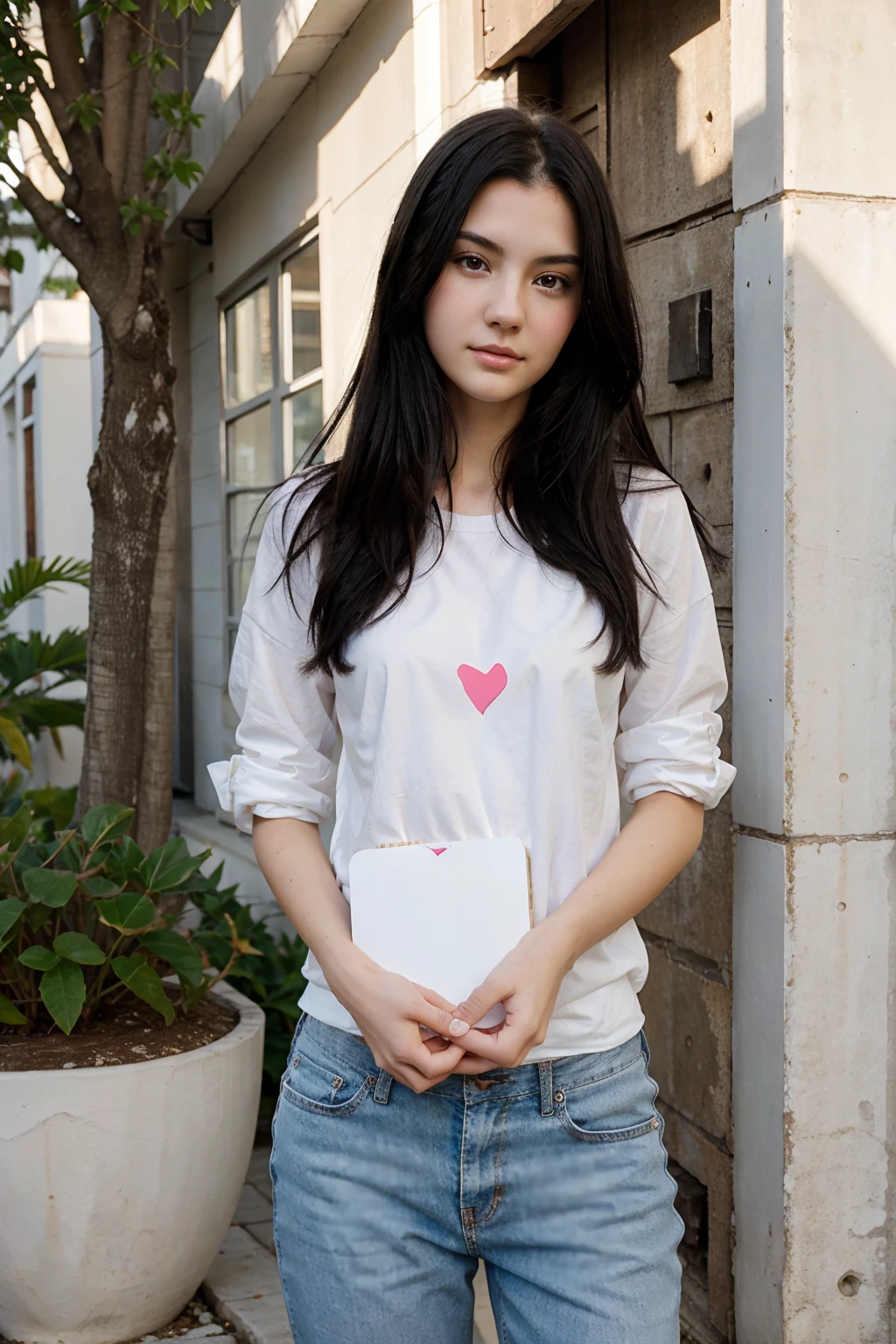 A beautiful woman with black hair and very white skin, thin, 20 years old, has a notebook page in her hand with a drawn heart looking towards the camera