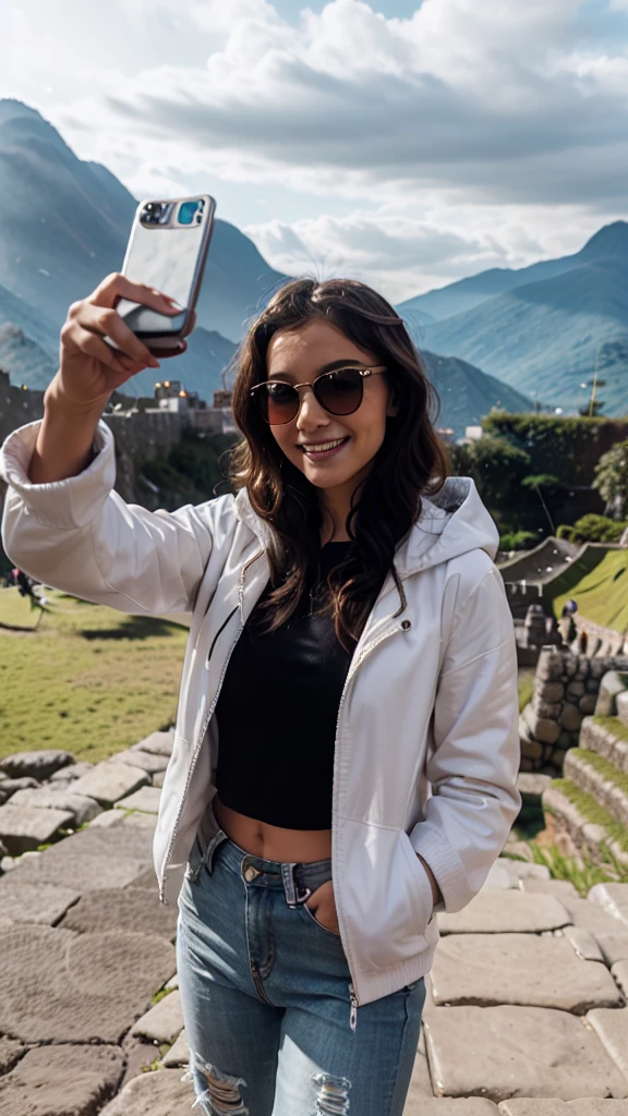 For the: black long loose curly style,
 Eyes: negro, 
Skin color: so white,
taking a selfie at Machu Picchu Peru ,
 Age:let him see 13,
 lips: small pink clothes: white jacket with hood without putting on pants: ripped jeans,
glasses: leather sunglasses:white that has a pose: like Smiling
