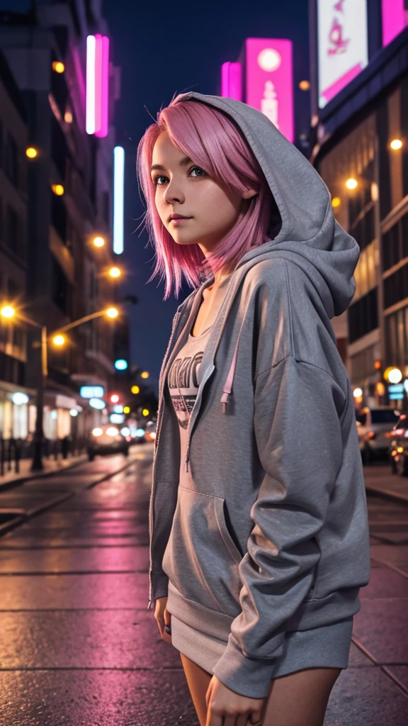 girl 21 years old, short shoulder-length hair, pink hair color, wearing a gray hoodie, taking a selfie, city street in the background, it's night, low lighting