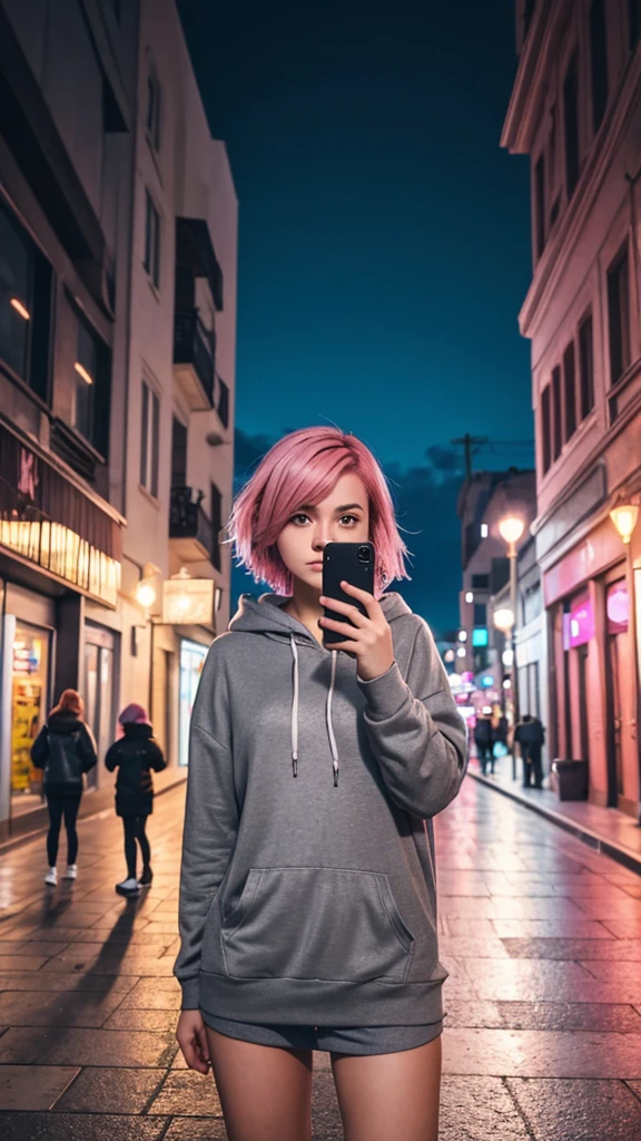 girl 21 years old, short shoulder-length hair, pink hair color, wearing a gray hoodie, taking a selfie, city street in the background, it's night, low lighting
