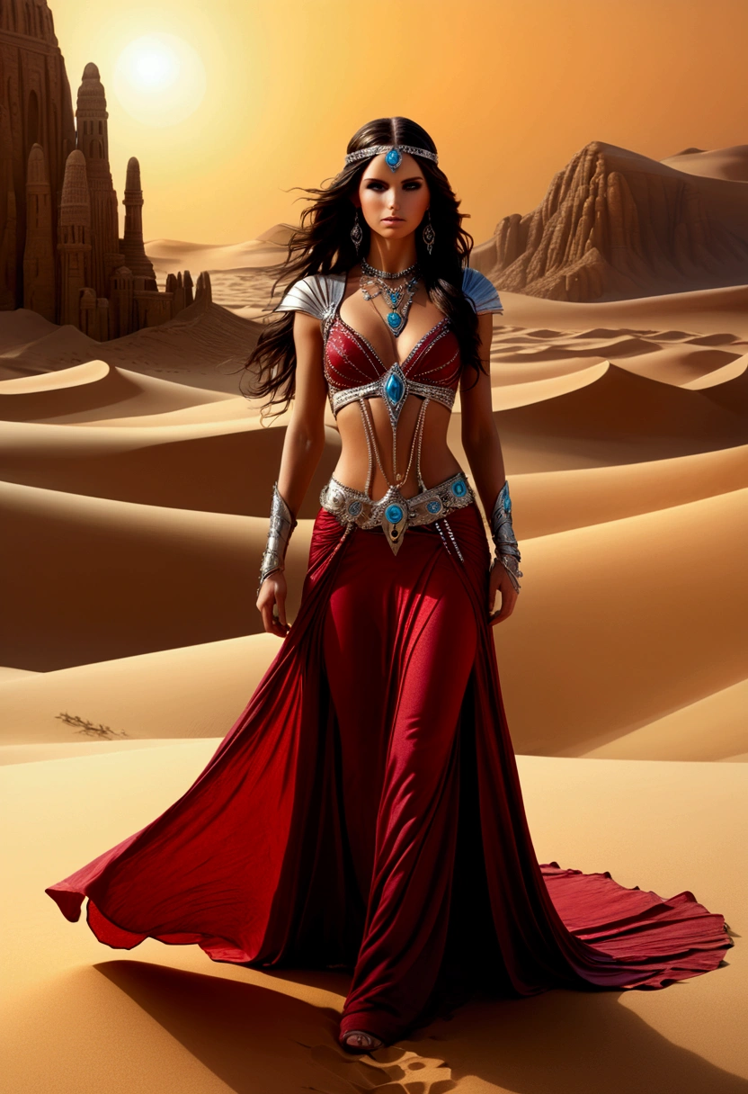 Desert Princess, sand, by Anne Stokes, full body, cinematic still, cinemascope, best quality, masterpiece, very aesthetic, perfect composition, intricate details, ultra-detailed, vivid colors