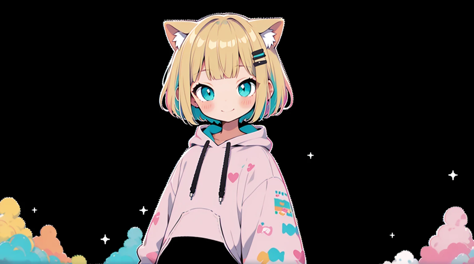 Blonde、Pink hoodie、high quality、Colorful color palette、high resolution、pretty girl、 Pink hoodie、An unprecedented number of draws、Anime Style、Geometric background、Sticker Style、short hair、Blonde、Turquoise Eyes, Messy Hair, Pink hoodie、Cat ears of the same color as the hair、front, Hands posing, Until death, Bondage, Baggy clothes