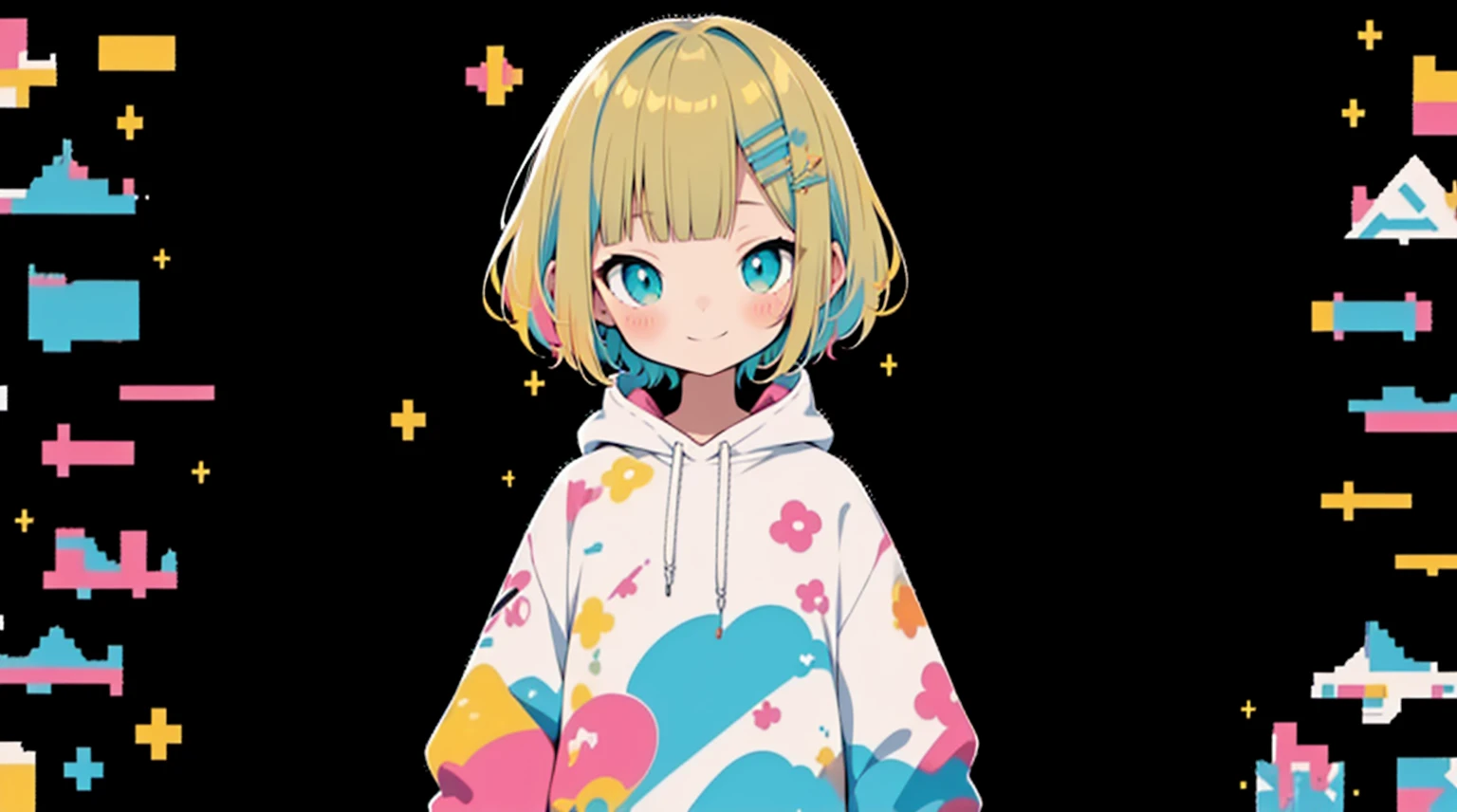 Blonde、Pink hoodie、high quality、Colorful color palette、high resolution、pretty girl、 Pink hoodie、An unprecedented number of draws、Anime Style、Geometric background、Sticker Style、short hair、Blonde、Turquoise Eyes, Messy Hair, Pink hoodie、Cat ears of the same color as the hair、front, Hands posing, Until death, Bondage, Baggy clothes