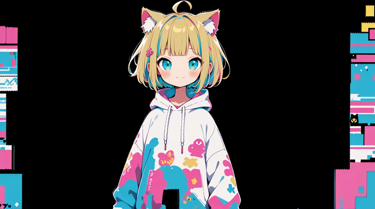 Blonde、Pink hoodie、high quality、Colorful color palette、high resolution、pretty girl、 Pink hoodie、An unprecedented number of draws、Anime Style、Geometric background、Sticker Style、short hair、Blonde、Turquoise Eyes, Messy Hair, Pink hoodie、Cat ears of the same color as the hair、front, Hands posing, Until death, Bondage, Baggy clothes
