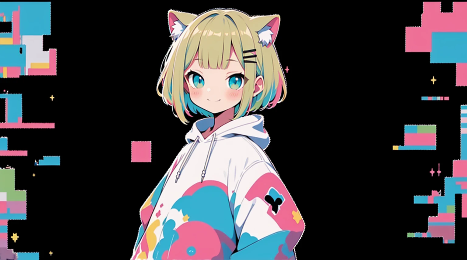 Blonde、Pink hoodie、high quality、Colorful color palette、high resolution、pretty girl、 Pink hoodie、An unprecedented number of draws、Anime Style、Geometric background、Sticker Style、short hair、Blonde、Turquoise Eyes, Messy Hair, Pink hoodie、Cat ears of the same color as the hair、front, Hands posing, Until death, Bondage, Baggy clothes