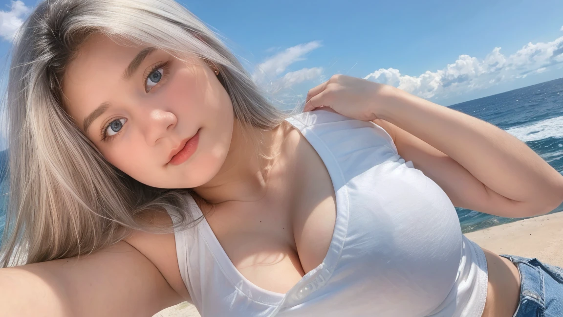 1 Girl, Beautiful, , 20 Years Old, White Skin, Large Breasts, Sleeveless, Cleavage, White Modern Oversize T-shirt, Posing For Photos, Beautiful Blue Sea, Blue Sky, Grey Hair, Silver Straight Hair, ((adorable:1.1)), ((masterpiece:1.1)), Sleepy Cute Face