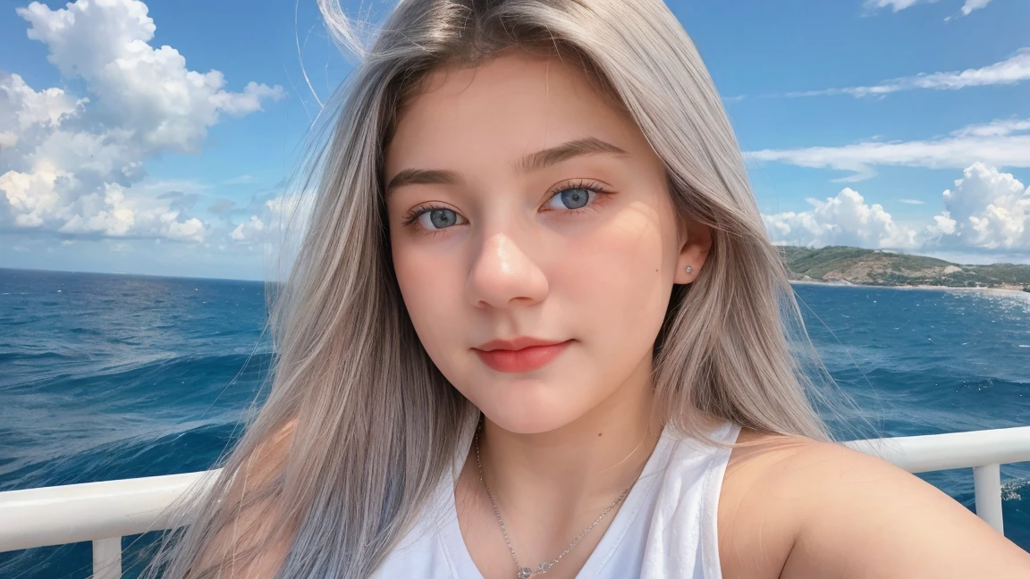 1 Girl, Beautiful, Baby Face, 20 Years Old, White Skin, Large Breasts, Sleeveless, Cleavage, White Modern Oversize bikini, Posing For Photos, Beautiful Blue Sea, Blue Sky, Grey Hair, Silver Straight Hair, ((adorable:1.1)), ((masterpiece:1.1)), Sleepy Cute Face, full body, she smile with Extraordinary Pleasure expression