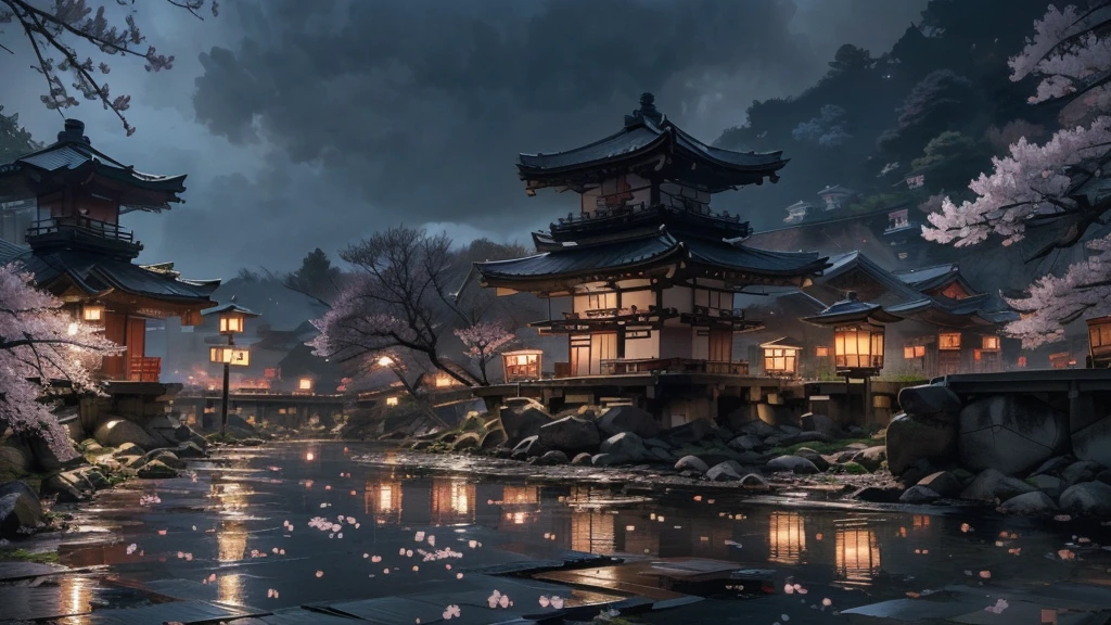 Kyoto townscape, traditional Japanese tile-roofed flat roofs, winding cobblestone streets, cherry blossoms in full bloom, (Best Quality,8k,High Resolution,Masterpiece:1.2),Super Detail, (Realistic,Photorealistic:1.37),Detailed landscape,Natural light,Vivid colors,Calm ambiance, complex detail) color,calm atmosphere,complex detail)
