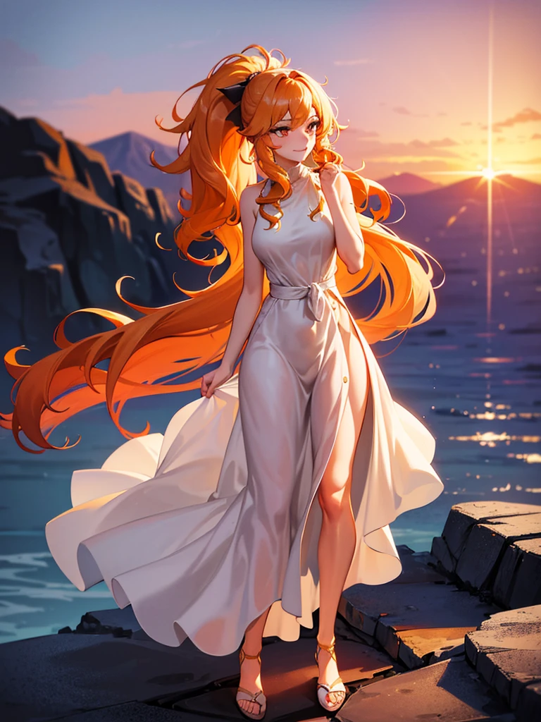 Beautiful, majestic, melancholic, woman, solo-girl, long orange-golden hair, (wavy hair, tied in a ponytail:1.3), pale white skin, golden eyes, narrow eyes, sly smile, (gold dress with black details:1.1), standing on a cliff, sunset in background, hills