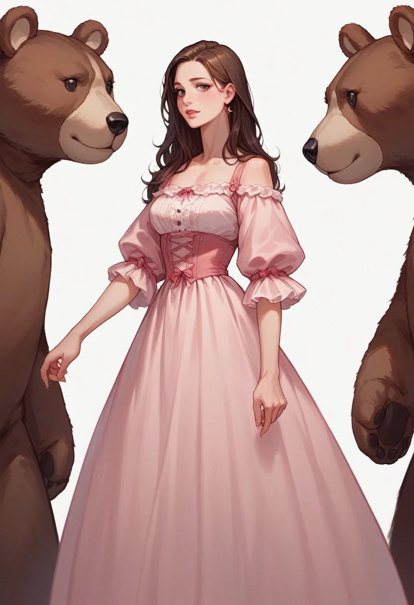 girl, 5 years old, with long brown hair, standing with a toy bear in her hands, in a beautiful pale pink dress on a white background beautiful cinematic 8K realistic 3d