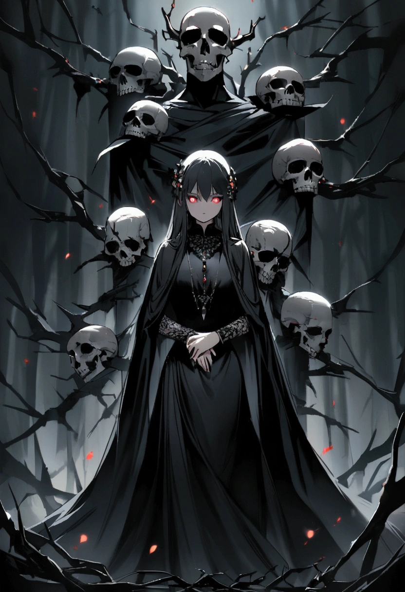 A forest full of darkness and negativity, a man wearing a black saree and a garland of human skulls , Your dangerous powers show your intentions, a sparkle in her eyes, a negative aura exudes from her
