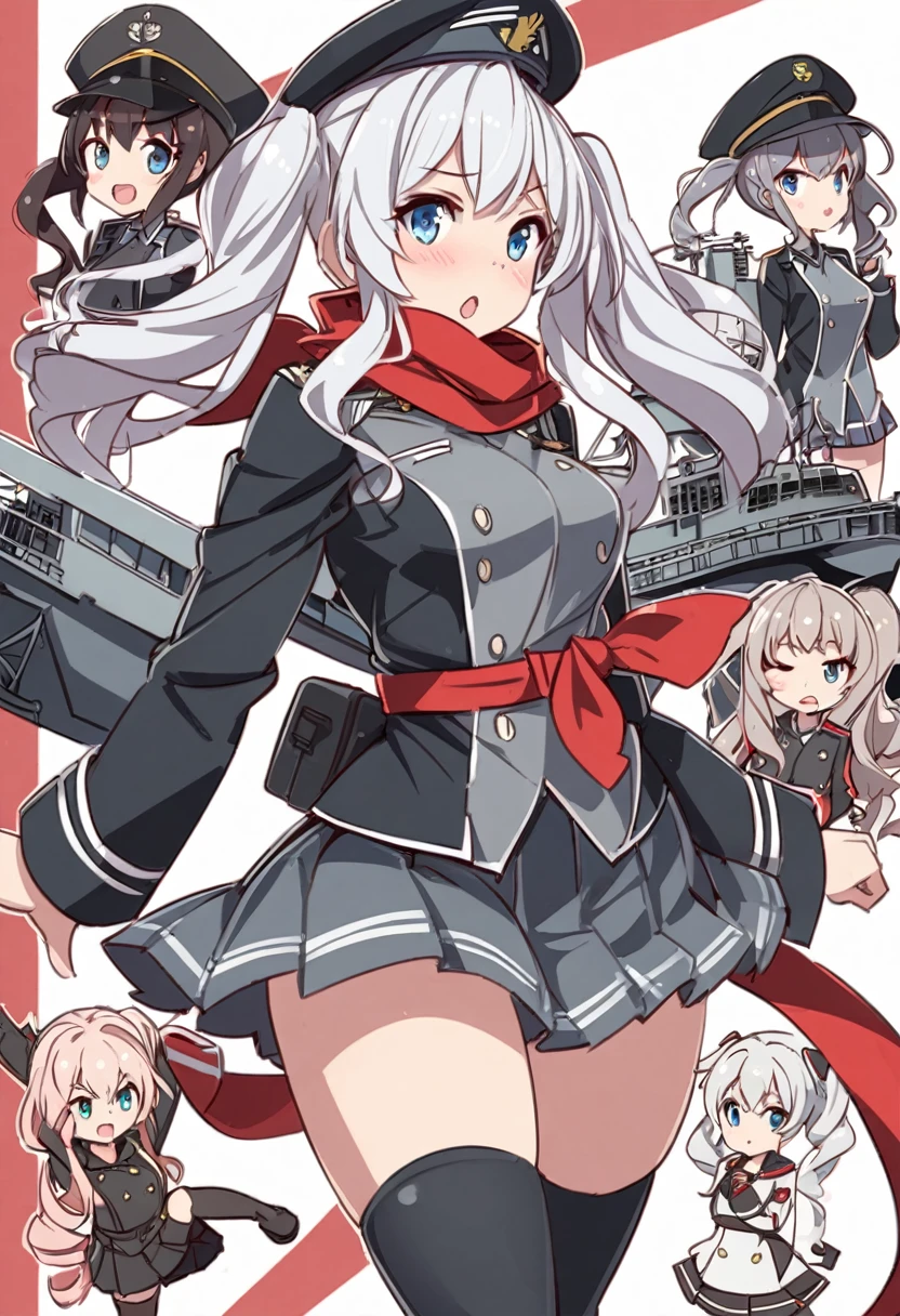 Light Cruiser Kashima,Training Cruiser Kashima,Shipgirl,Fleet Collection,Kantai Collection,Cosplay,Twin tails,uniform,Fleet Collection -Kantai Collection- 鹿島,Pleated skirt,Knee-high socks,Blue Eyes,Loosely wavy silver hair,Black Hat,Outfitting,Katori-class training cruiser No. 2,Red scarf