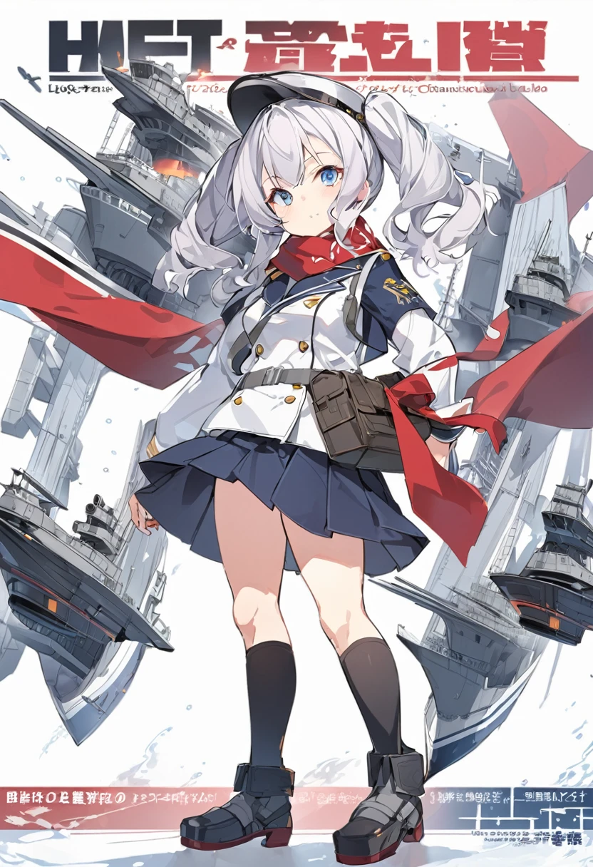 Light Cruiser Kashima,Training Cruiser Kashima,Shipgirl,Fleet Collection,Kantai Collection,Cosplay,Twin tails,uniform,Fleet Collection -Kantai Collection- 鹿島,Pleated skirt,Knee-high socks,Blue Eyes,Loosely wavy silver hair,Black Hat,Outfitting,Katori-class training cruiser No. 2,Red scarf