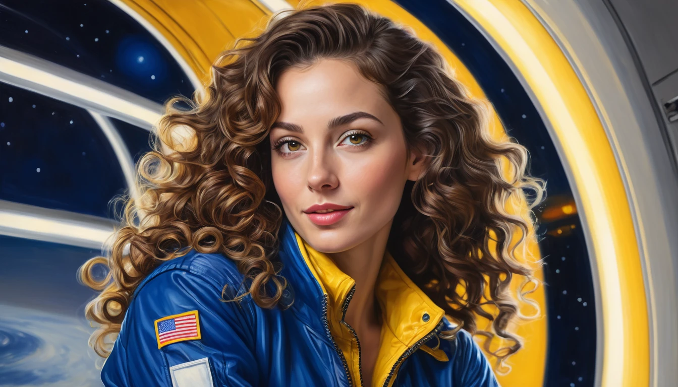 realistic acrylic art, vivid colors, lateral point of view, a beautiful european woman with long curly hair, looking at the viewer with suspicious face and a shy smile, she wears spacial blue jacket over glossy white jumpsuit, gloves, adjusting a sophisticated belt, dramatic yellow lights, background space station