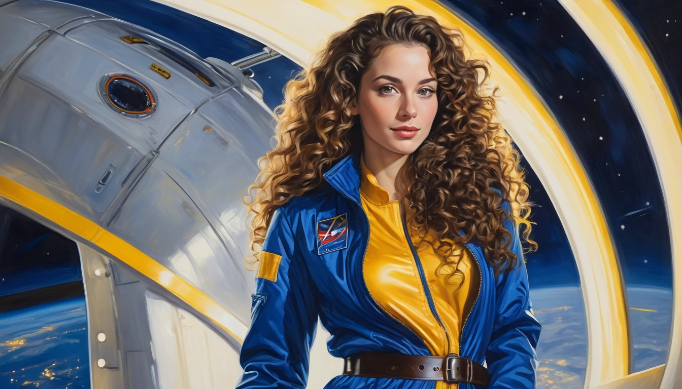 realistic acrylic art, vivid colors, lateral point of view, a beautiful european woman with long curly blonde hair, green eyes, looking at the viewer with suspicious face and a shy smile, she wears spacial pink tight armor, gloves, adjusting a sophisticated belt, dramatic yellow lights, background space station
