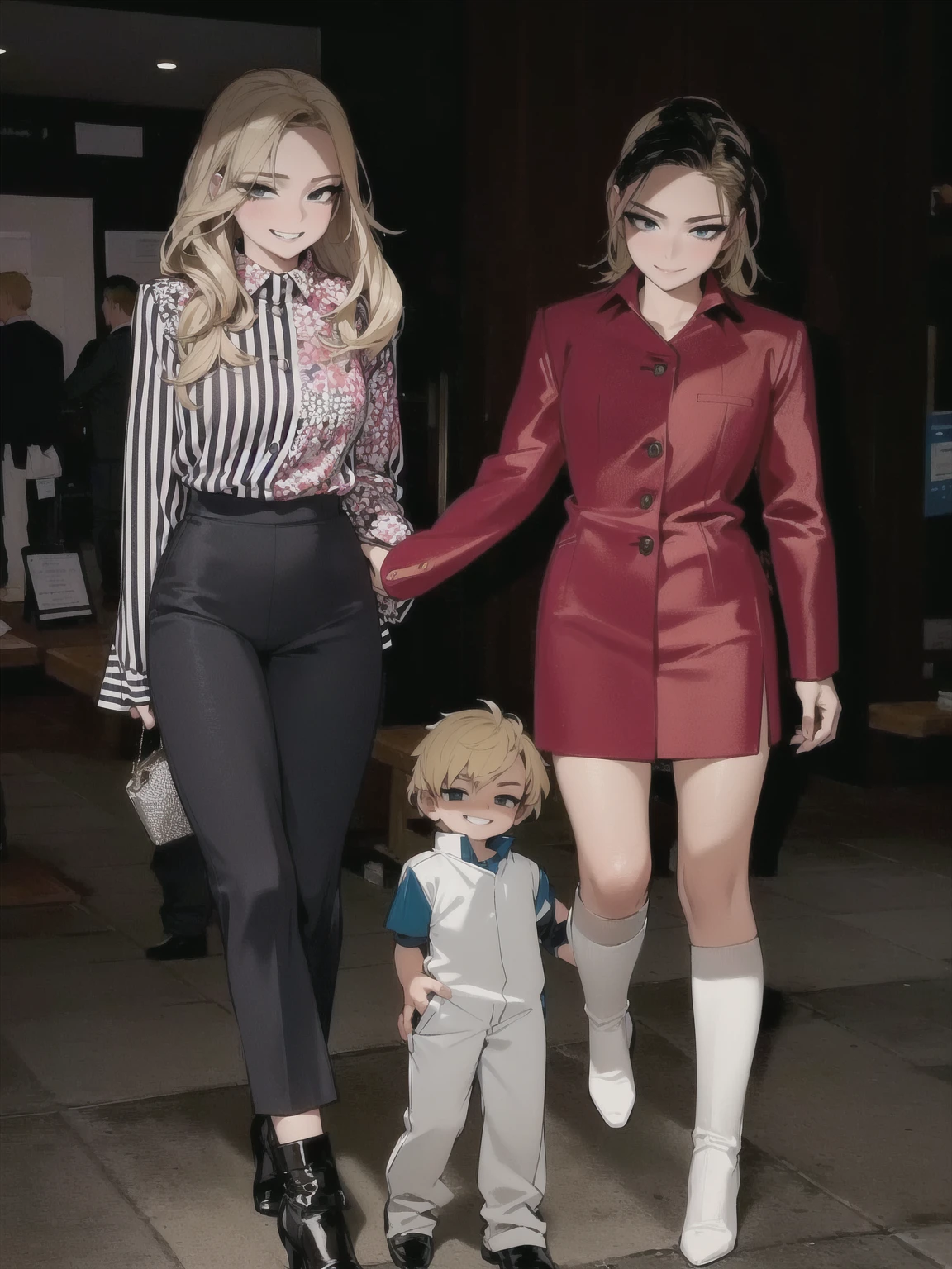 three sexy women looking down at 4 years old boy with blonde hair, seductive smiles, portrait, various hair