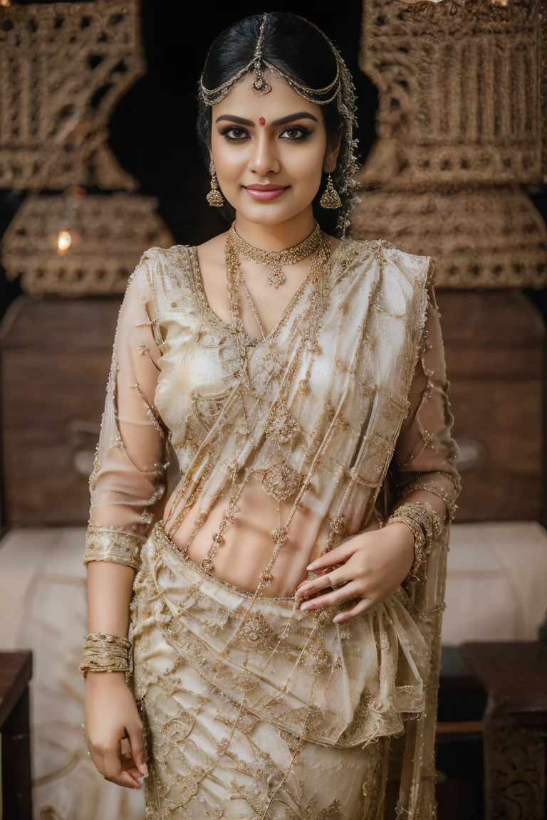 An enchanting Indian goddess graces the scene with her presence. [[ different angles]]She wears an exquisite and daringly EXTREME LOW WAIST GIVING HINT OF VAGINA . SAREE .V[]] gives hint of MISCHIEVOUS INTENT that clings to her curves, accentuating every contour of her body. The fabric delicately wraps around her waist, drawing attention to her mesmerizing ]. As she gazes dreamily and seductively into the camera, her eyes reflect a hint of mischief and desire. This bewitching vision combines elegance and sensuality in perfect harmony
