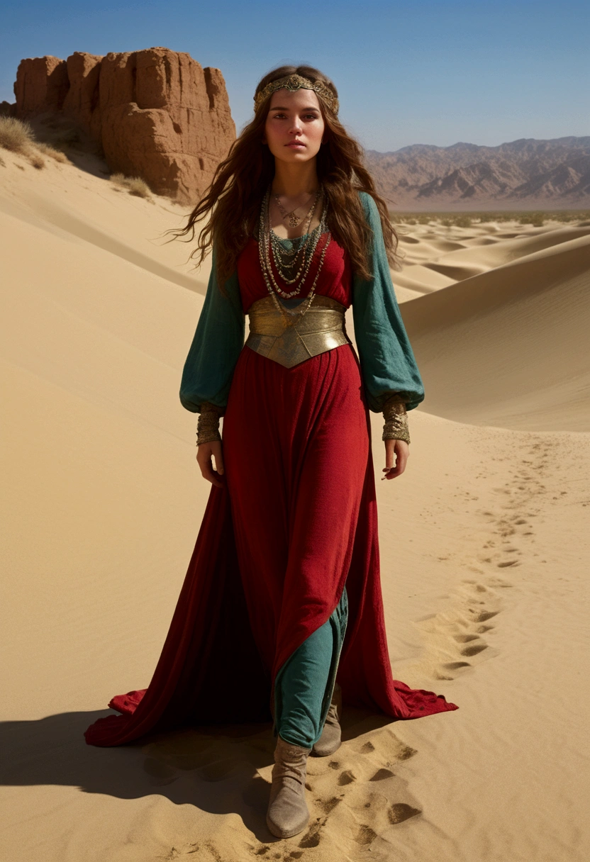 Desert Princess, sand, by Howard Pyle, full body, cinematic still, cinemascope, best quality, masterpiece, very aesthetic, perfect composition, intricate details, ultra-detailed, vivid colors