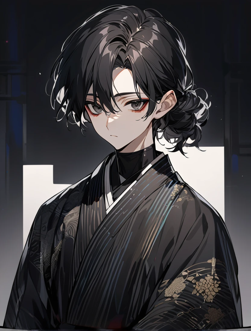 (black_hair), (long_male_hair), (deep_black_eyes), (high_detailed_eyes), (attractive), (emotionless), (male), (wearing _a_Unique_kimono), (detailed_Hair), (detailed), (detailed_mouth), (young_appearance), 