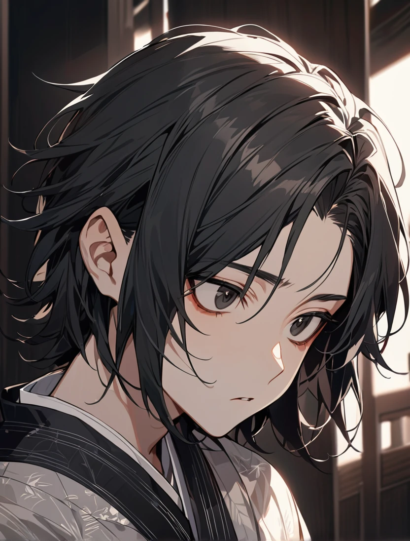 (black_hair), (long_male_hair), (deep_black_eyes), (high_detailed_eyes), (attractive), (emotionless), (male), (wearing _a_Unique_kimono), (detailed_Hair), (detailed), (detailed_mouth), (young_appearance), 