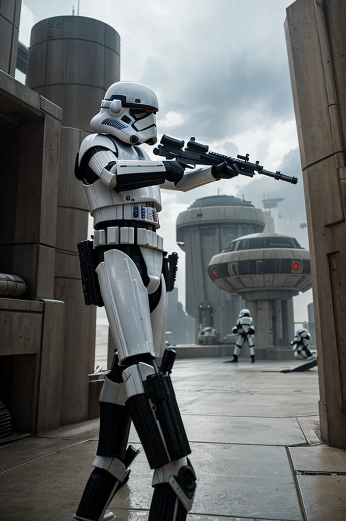 A character with a realistic blaster shooting stormtroopers in a futuristic and modern environment similar to Coruscant from Star Wars.