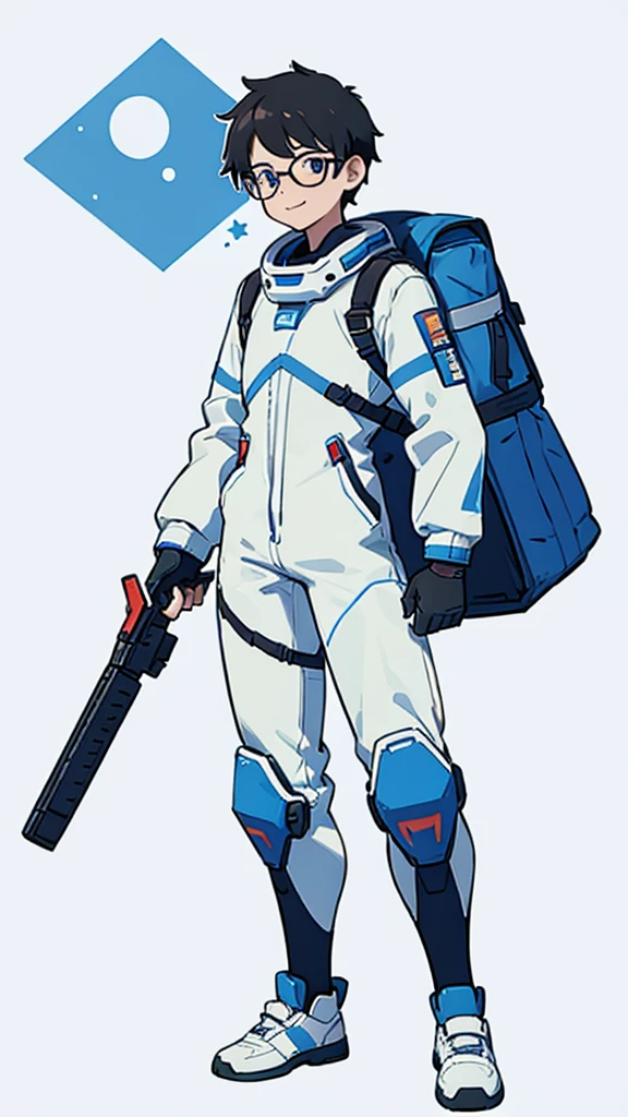 1,19 years old,university student,male,Black Hair,Light blue eyes,Short Hair,Spacesuit,（Cool pose）,Standing posture,Glasses,（whole body）,White background,smile,The shoes are blue,Hold the helmet in one hand