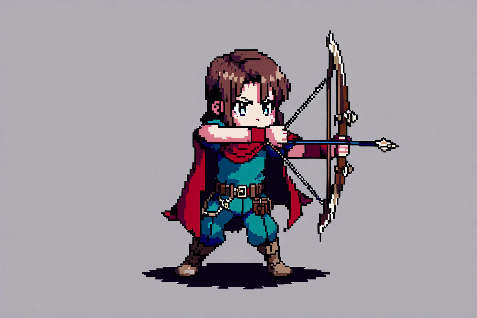 Create an image of an agile archer dressed in hunter's attire, holding a simple bow. She is in a dense forest, with eyes alert and ready to shoot, in pixel art.