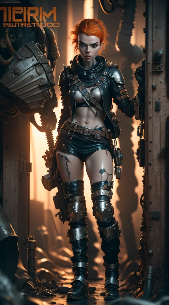 (((mulher))), (((melhor qualidade))), (((obra prima))), (((adulto))), A highly detailed and realistic skull girl,( Anya. Taylor Joy) cyberpunk character, mad max furiosa, one hand robot, cyborg arm, orange hair, dramatic metal heavy rock theme, best quality, 8k, hyperrealistic, photorealistic, extreme detailed painting, studio lighting, vivid colors, dark moody atmosphere, cinematic, dramatic pose, intricate mechanical details, glowing energy effects, intense gritty textures, seamless integration of organic and inorganic elements. Wearing the used clothes of a wastelander. Background: An apocalyptic wasteland. Dusty and depressing.
