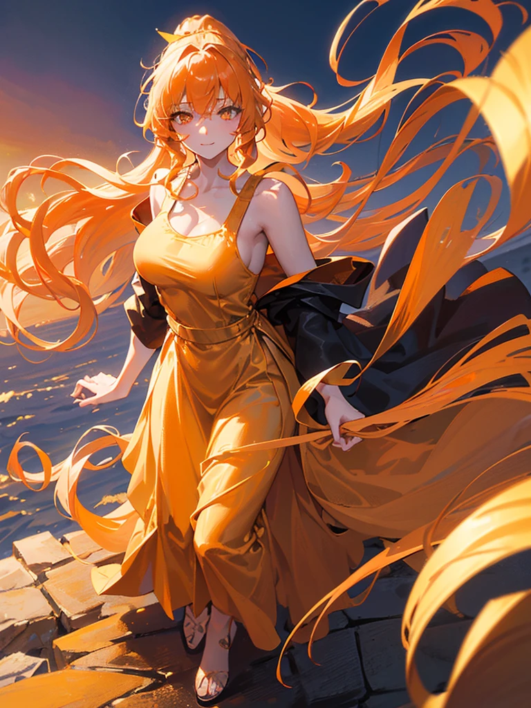 Beautiful, majestic, melancholic, woman, solo-girl, long orange-golden hair, (wavy hair, tied in a ponytail:1.3), pale white skin, golden eyes, narrow eyes, sly smile, (gold dress with black details:1.1), standing on a cliff, sunset in background, hills