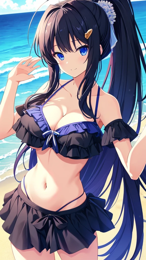 best quality, extremely detailed,anime style girl,long hair down to the waist, straight hair, dark black hair with bluish,ponytail,beautiful detailed eyes, pinched eyes, dark blue eyes,huge breasts,cutie colorful frill
Bikini,hair ornament,beach side Luxurious room,smile,((active pose))