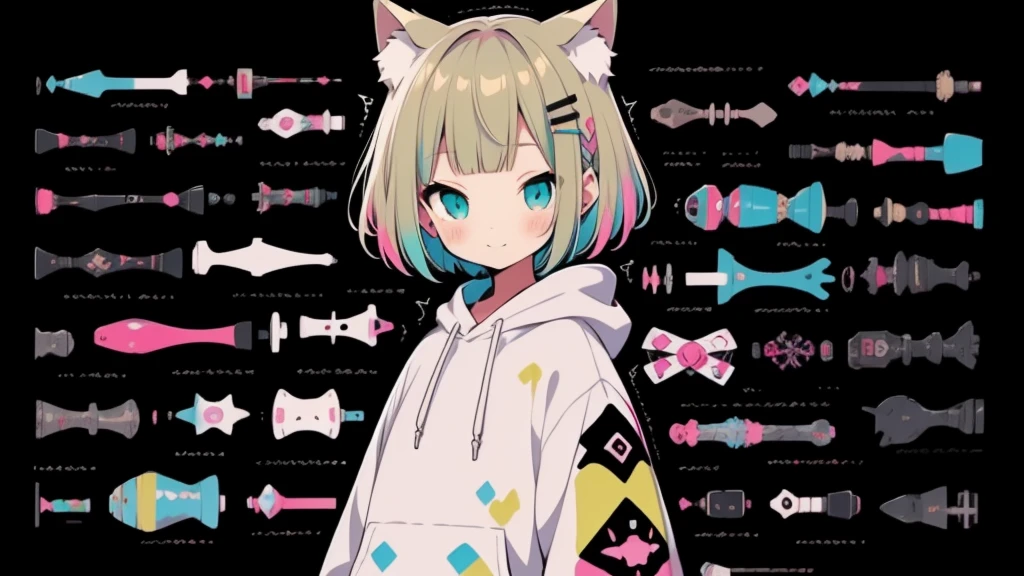  Pink hoodie、high quality、Colorful color palette、high resolution、pretty girl、 Pink hoodie、An unprecedented number of draws、Anime Style、Geometric background、Sticker Style、short hair、Blonde、Turquoise Eyes, Messy Hair, Pink hoodie、Cat ears of the same color as the hair、front, Hands posing, Until death, Bondage, Baggy clothes