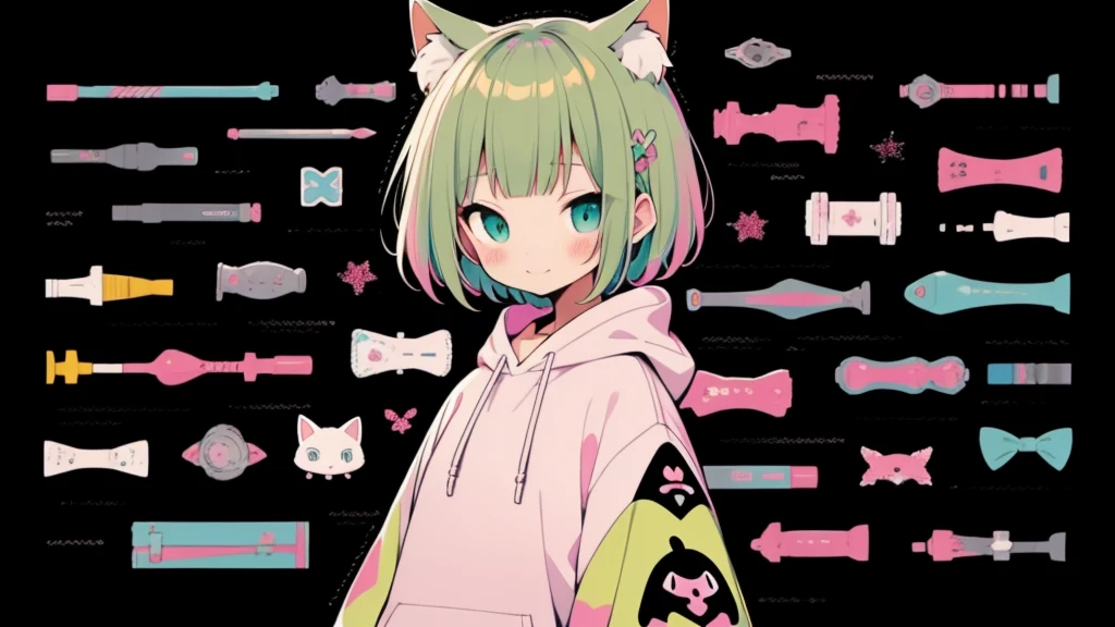  Pink hoodie、high quality、Colorful color palette、high resolution、pretty girl、 Pink hoodie、An unprecedented number of draws、Anime Style、Geometric background、Sticker Style、short hair、Blonde、Turquoise Eyes, Messy Hair, Pink hoodie、Cat ears of the same color as the hair、front, Hands posing, Until death, Bondage, Baggy clothes