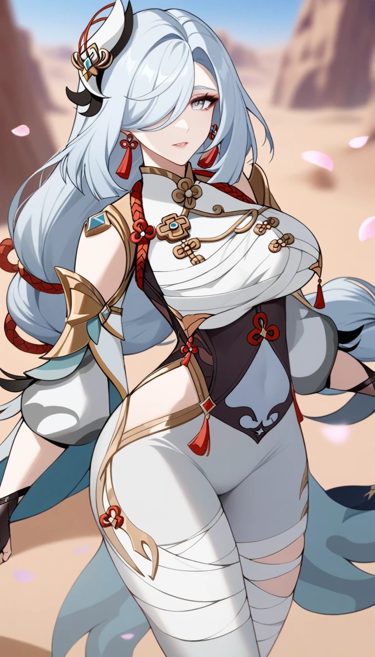 masterpiece, best quality, very aesthetic, absurdres, 1girl, mature_lady, in Desert ,Mummy_clothes, bandage_clothes, bandaged_chest, bandaged_fingers, bandaged_hand, bandaged_head, bandaged_neck, bandaged_thighs, bandaged_pants, bandages cover body， ,shenhe_(genshin_impact), genshin_impact, 1girl, tassel_earrings,grey_eyes, hair_over_one_eye, long_hair, low-braided_long_hair, low-tied_long_hair, white_hair, ,in Desert, Desert Princess,surrounding by flowers,falling_petals, outdoors, petals,,,blur background,background defocus,