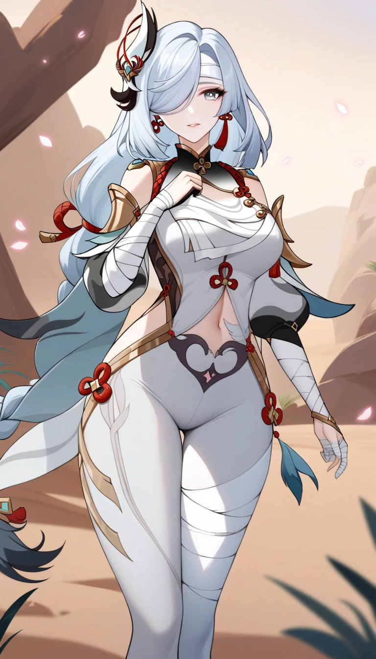 masterpiece, best quality, very aesthetic, absurdres, 1girl, mature_lady, in Desert ,Mummy_clothes, bandage_clothes, bandaged_chest, bandaged_fingers, bandaged_hand, bandaged_head, bandaged_neck, bandaged_thighs, bandaged_pants, bandages cover body， ,shenhe_(genshin_impact), genshin_impact, 1girl, tassel_earrings,grey_eyes, hair_over_one_eye, long_hair, low-braided_long_hair, low-tied_long_hair, white_hair, ,in Desert, Desert Princess,surrounding by flowers,falling_petals, outdoors, petals,,,blur background,background defocus,