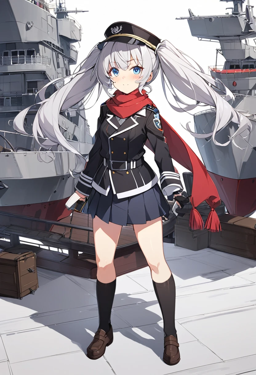 1 ship girl,Light Cruiser Kashima,Training Cruiser Kashima,Fleet Collection,Kantai Collection,Cosplay,Twin tails,uniform,Fleet Collection -Kantai Collection- 鹿島,Pleated skirt,Black knee-high socks,Blue Eyes,Loosely wavy silver hair,Black Hat,Outfitting,Red scarf