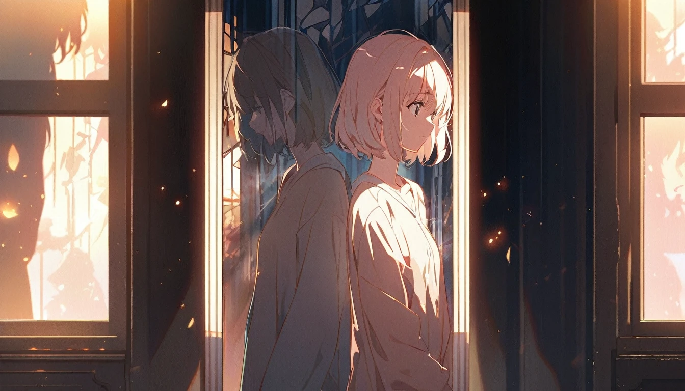 A melancholic anime girl standing in a softly lit room, facing a tall mirror that reflects a shattered image, symbolizing broken dreams and unfulfilled expectations. The room is cozy with personal items scattered around, indicating a once cherished relationship. A window lets in the soft light of a setting sun, casting long shadows and a warm glow, symbolizing the passage of time and fading hopes. The girl's posture is slightly slumped, conveying her emotional struggle. She holds a photo of someone she once admired, realizing the truth about them. The atmosphere is filled with sadness and realization, but also a hint of strength as she begins to accept reality and move on. The lighting enhances her reflective mood, with shadows accentuating the depth of her emotions. Use soft, warm colors for the lighting and a detailed anime art style