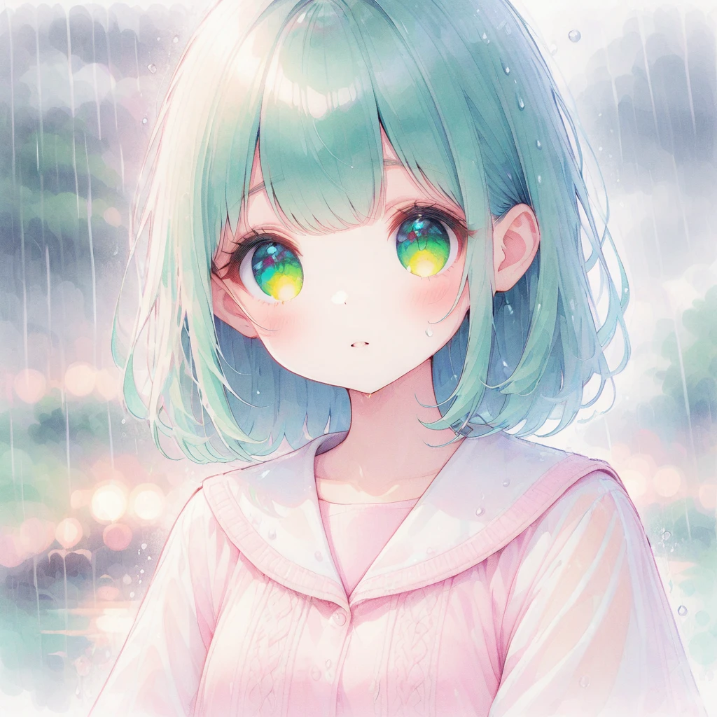 Blue-green hair, pink mesh, green eyes, long, rain