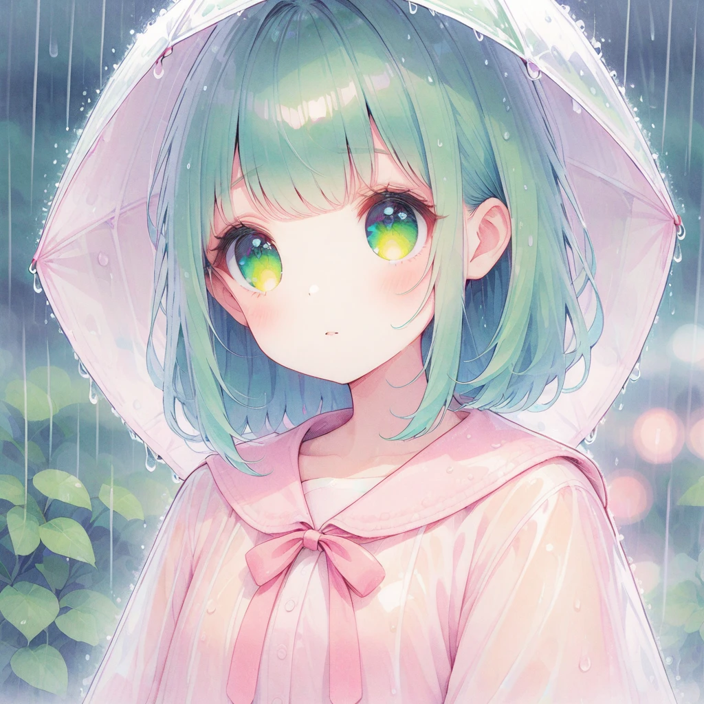Blue-green hair, pink mesh, green eyes, long, rain