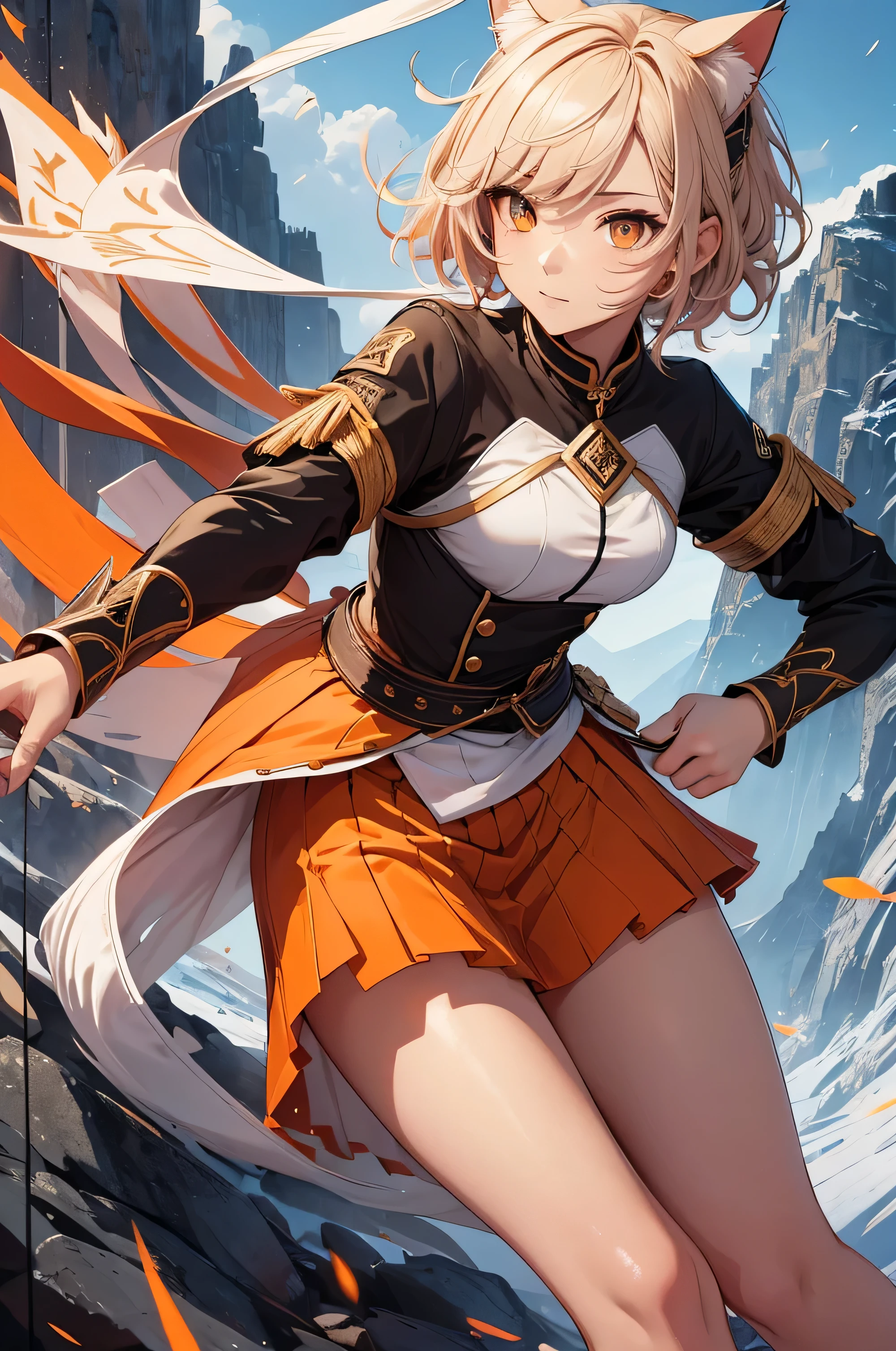 beautiful and delicate girl, clear and beautiful, Make your character the main point of view, glowing skin, female, 20 years old, Short hair, shortcut, Short hair, Beautiful and delicate glass hair, 칼을 휘두르는 female warrior 포즈, big ornate knife, weapon, Attack moves to defeat enemies, full body pose ((greek costume, 2 Costume colors, white background, Orange 패턴)) ((Clothes color White background, Orange 패턴)) ((Double color, White, Orange)) ((Use only two colors of clothing, White, Orange))beautiful and delicate eyes, Orange 눈, moderate chest, Orange 눈, real skin texture, Very nice 8KCG wallpaper, Very cool 8K CG wallpaper, Watercolor (middle), female warrior, 연한 Orange 머리카락, (((upper body cut))), (((Cat's ears dark 노란색))), (((dark, dark 밤, midnight))) (((nature background, mountain, wood))), ((outdoors)) Dynamic fighting stance with a sword, I can see my whole body, angle seen from a distance, Zoom out, 신foot, foot,