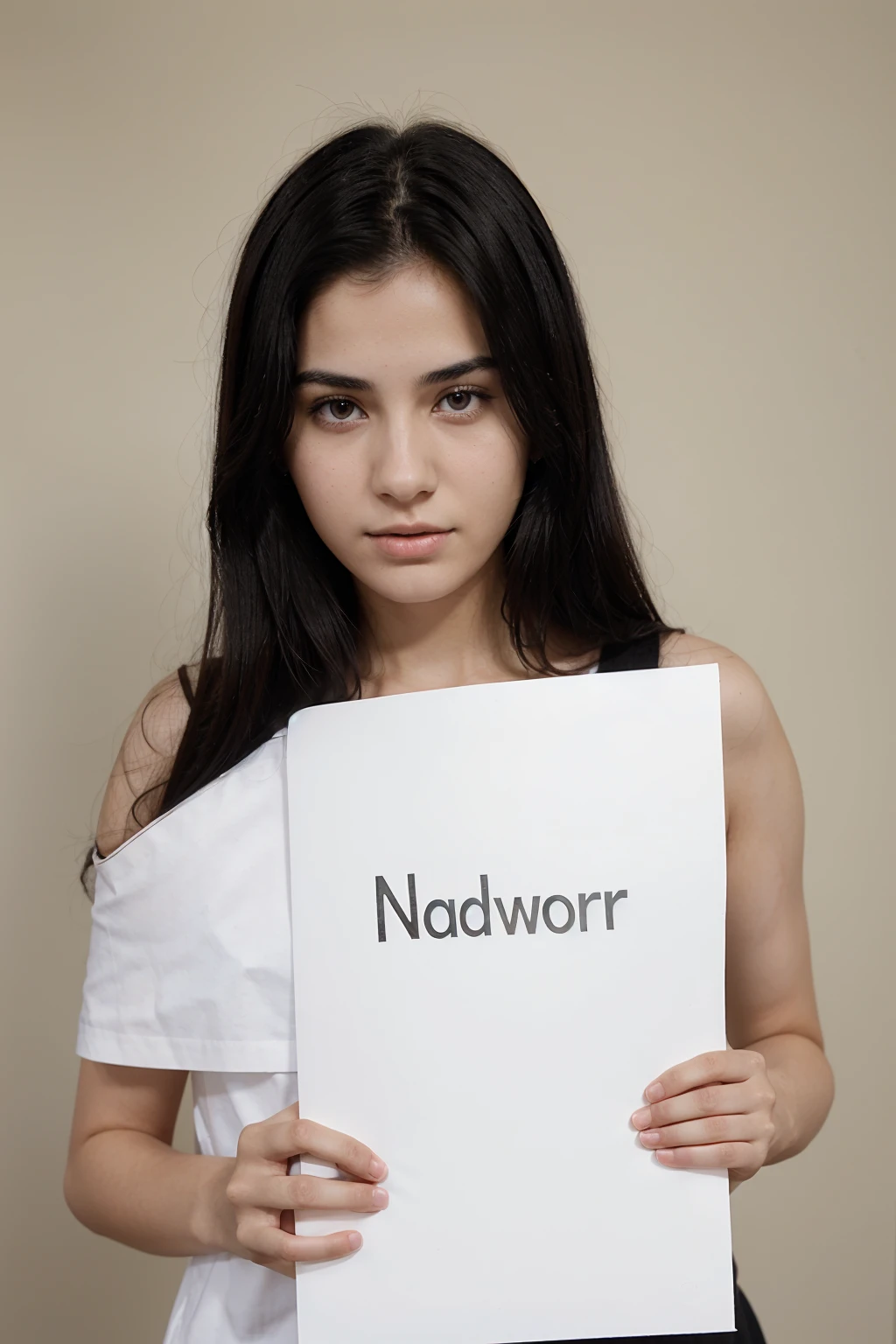 A beautiful woman with black hair and very white skin, thin, 20 years old, has a sheet of notebook paper in her hand with the word Omar drawn on it, looking towards the camera.