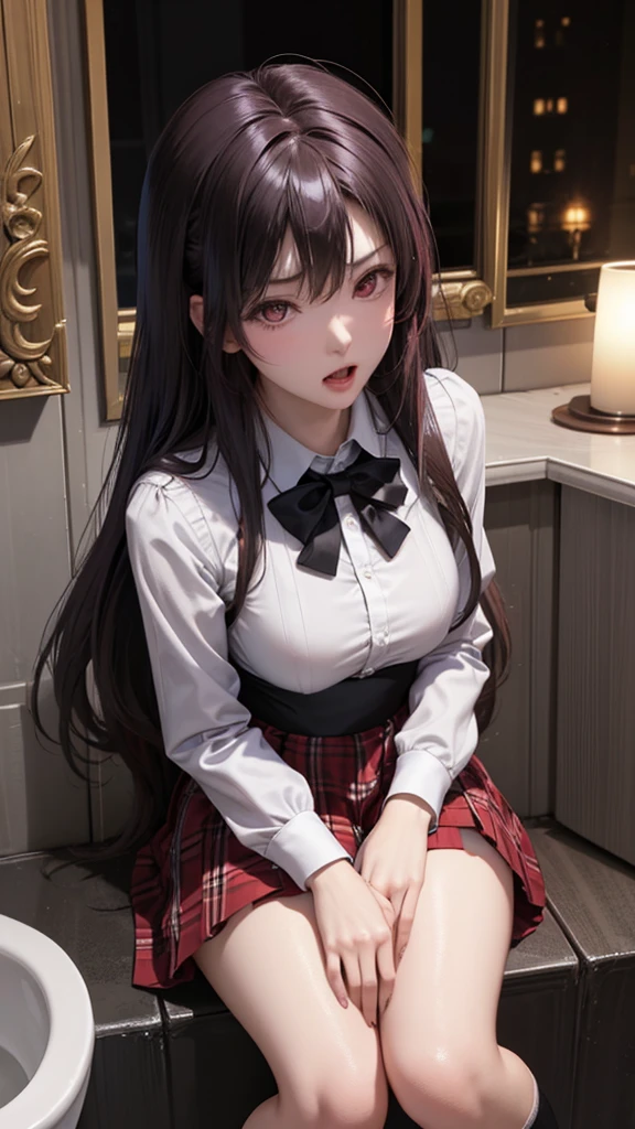 very cute and beautiful girl,(highly detailed beautiful face and eyes:1.2),(smile:1.2),cowboy shot, (white blouse with detailed frills),long sleeve BREAK sitting on white bed sheet,spread legs,white panties,zettai ryouiki, dynamic angle,hair ribbon,black hair,hime cut,(scarlet plaid mini skirt) BREAK antique bed room,gorgeous furnitures, (best quality,masterpiece:1.2),(intricate details),extremely detailed,highres, solo,cinematic scene,hair fluttering in the wind,