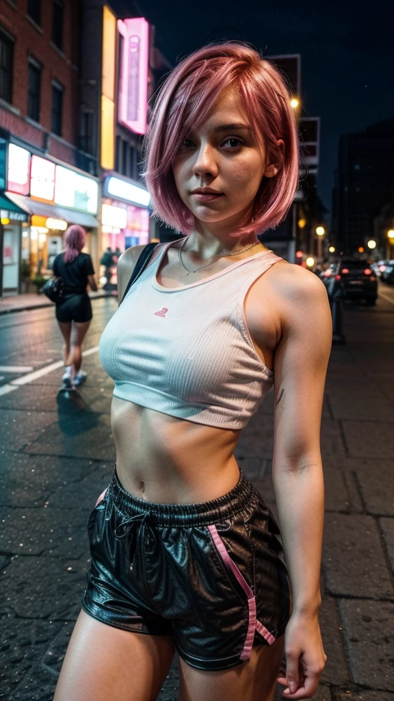 girl 21 years old, short shoulder-length hair, pink hair color, wearing a white sport top, taking a selfie, city street in the background, it's night, low lighting, selfi