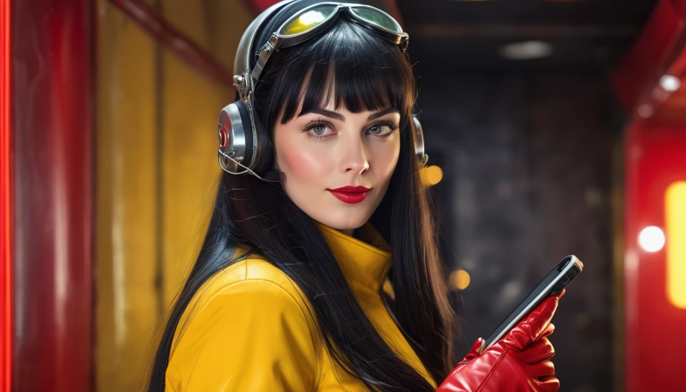 High-quality realistic acrylic art, vivid colors, lateral point of view, a beautiful vintage european woman with long black straight hair, bangs, looking at the viewer with suspicious face and a shy smile, she wears red vintage space suit, gloves, holding a sophisticated cell phone yellow lights, background space militar facilty