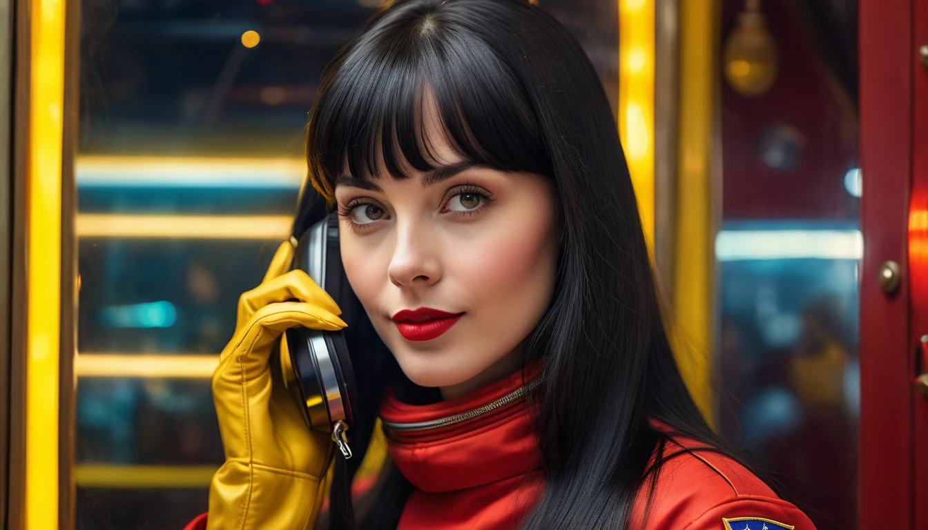 High-quality realistic acrylic art, vivid colors, lateral point of view, a beautiful vintage european woman with long black straight hair, bangs, looking at the viewer with suspicious face and a shy smile, she wears red vintage space suit, gloves, holding a sophisticated cell phone yellow lights, background space militar facilty